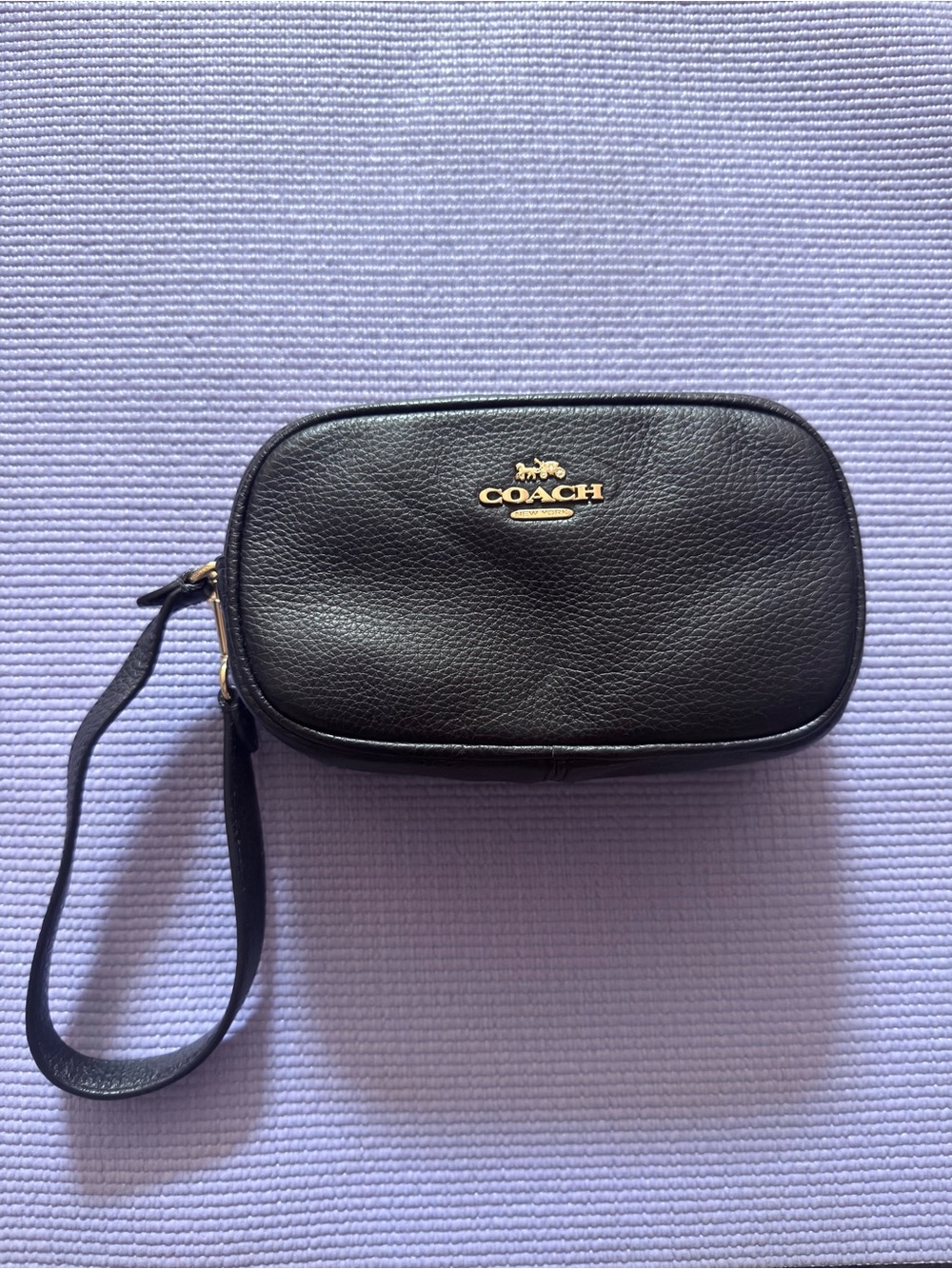 Coach Black Pebbled Leather Wristlet with Gold Logo